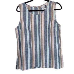 NWOT Ellen Tracy 100% Linen Size Large Sleeveless Blouse Top Stripes Blue & Tan